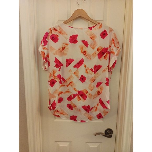 Women's Calvin Klein Ivory Blouse Pink Floral Print With Spellout Size Large - Picture 8 of 10